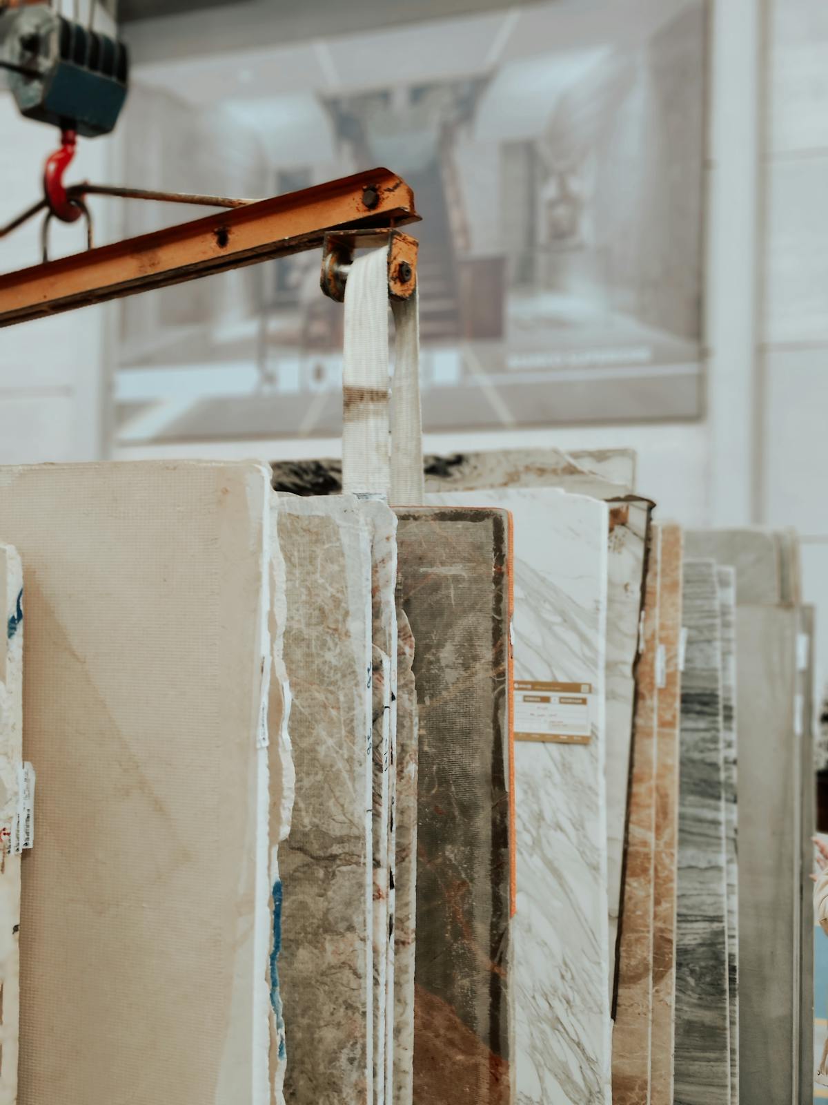 Natural stone slabs arranged in a warehouse